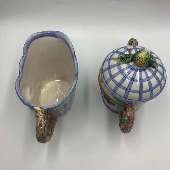 Vintage 1994 Omnibus China Sugar and Creamer Set Checkered Fruit Theme - Picture 10 of 15
